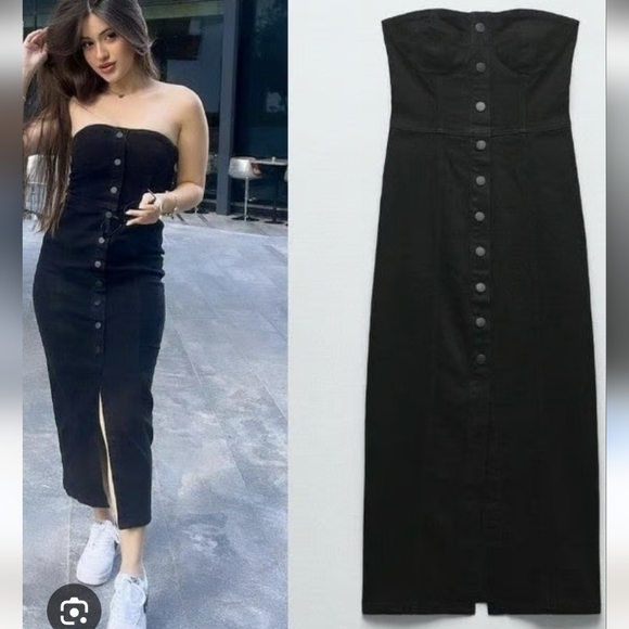 Zara Dresses & Skirts - Zara Black Strapless Denim Bustier Jean Button Down Midi Dress XS